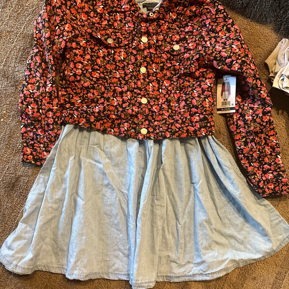 Girls Floral Red and Black denim jacket with light blue frock casual dress